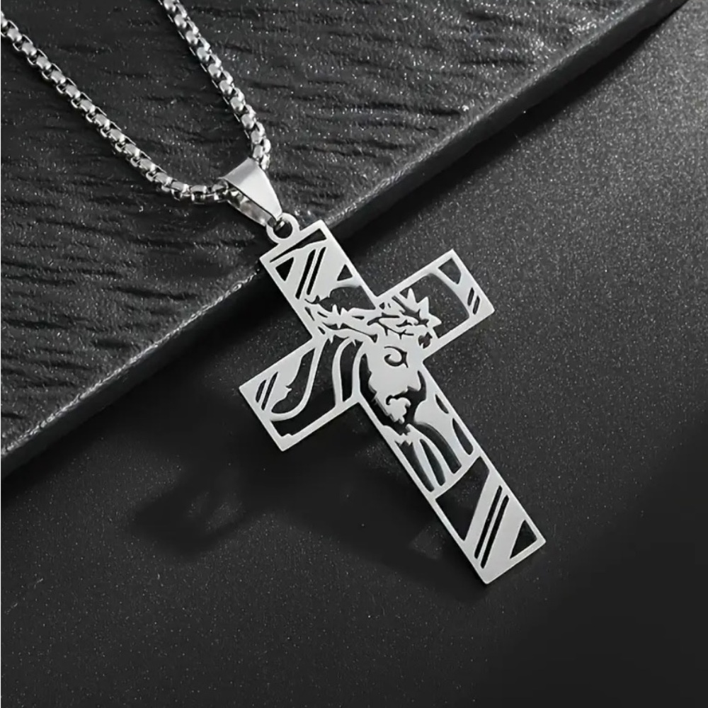 Jesus Engraved On The Cross Silver Necklace